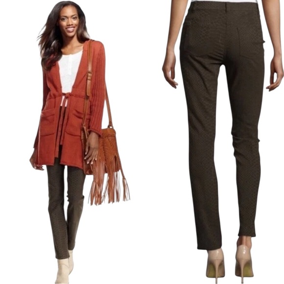 Lafayette 148 New York Pants - Lafayette 148 Snake Print Jacquard Slim Fit Jeans, Womens Size 10, Olive Stretch